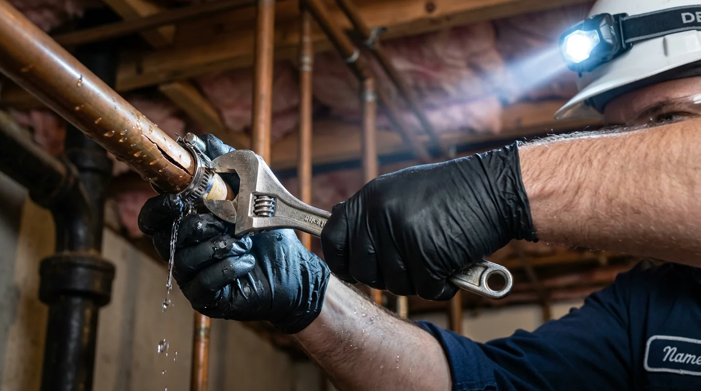 Emergency pipe clamp repair being performed by a Johns Plumbing LLC plumber in Ringgold