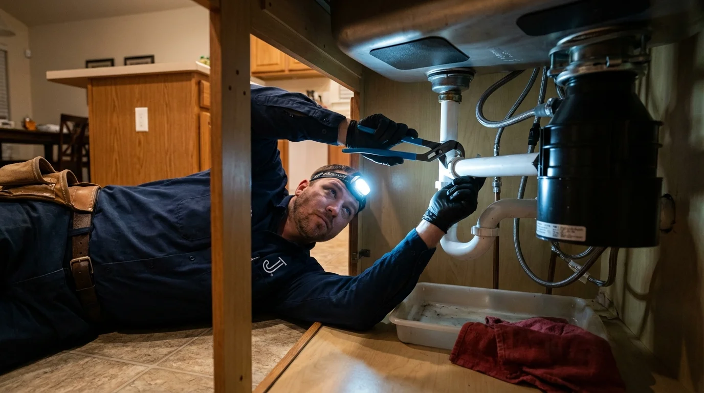 P-trap and supply line connections under a kitchen sink showing a common leak point in Ringgold, LA